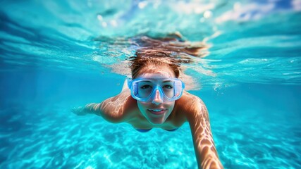 Fototapeta premium Woman snorkeling in clear turquoise water, enjoying a summer vacation.