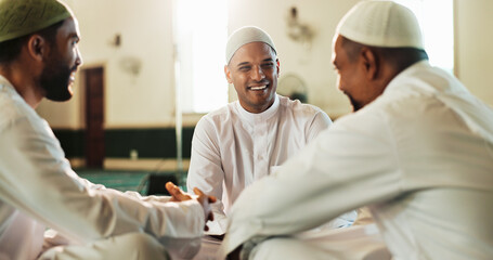 Muslim men, group and happy with religion at mosque, talk and excited for Ramadan on floor with...