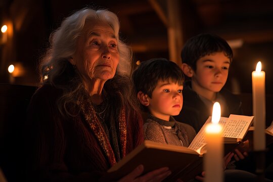 Grandmother teaching a cultural hymn to grandchildren