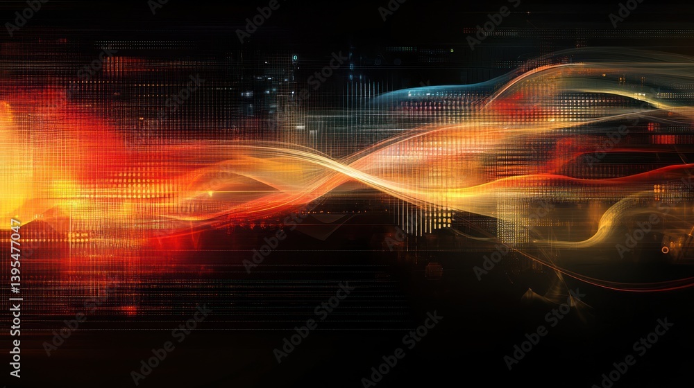 Poster dynamic illumination across a dark canvas showcasing interwoven lines and shapes in shades of orange