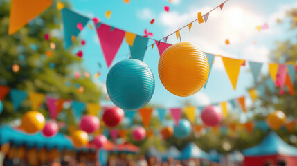 Vibrant paper lanterns and colorful bunting flags decorate a cheerful outdoor festival scene creating a festive and celebratory atmosphere perfect for summer events and