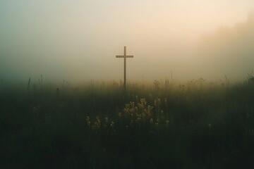 Obraz premium Misty meadow with a wooden cross silhouette