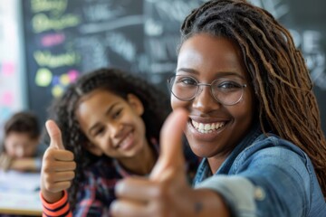 Fototapeta premium Smiling Black female teacher and happy student giving thumbs up in classroom