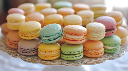 Fototapeta premium A delightful assortment of colorful macarons displayed beautifully on a decorative platter, ready to enjoy.
