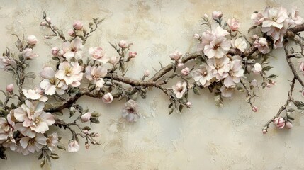 Romantic wedding wallpaper featuring a soft pastel flower mural, ornate textures, and a vintage-inspired beige color palette.