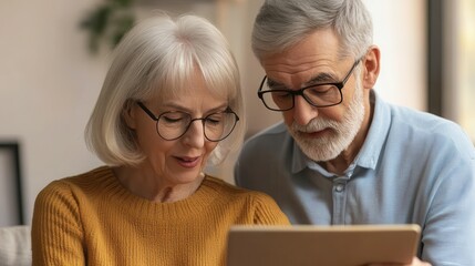 A senior couple looks closely at a digital tablet device
