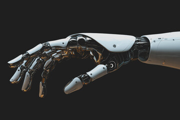 Futuristic robotic hand and arm on a black background illustrating technological advancements.