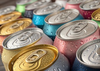 Close-up of colorful, chilled soda cans with condensation.