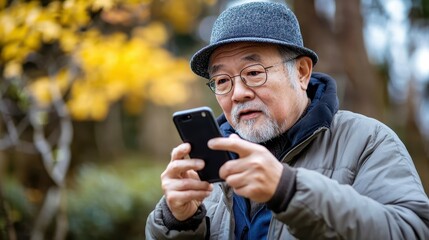 An older man outdoors looking intently at a smartphone device