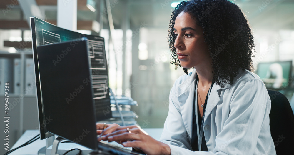 Poster research, science and woman in lab, laptop and biotechnology with microchip analysis. person, employ