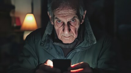An older man is looking intently at a mobile phone screen