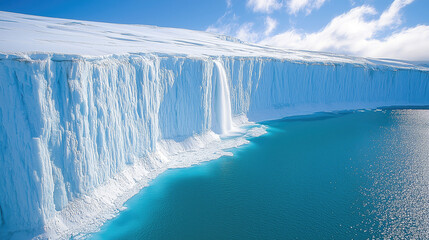 A breathtaking glacial waterfall cascading into a vibrant turquoise lake, a mesmerizing spectacle of nature's raw power under a bright, sunny sky.