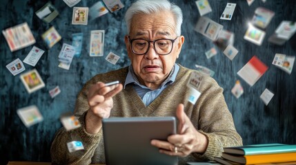 An older man is looking distressed while using a tablet
