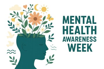 "Vector illustration for Mental Health Awareness Week from May 12 to 18, 2025, depicting a head with blooming flowers, representing mental well-being and growth."
