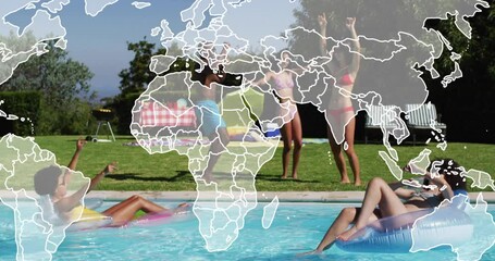 Relaxing in pool, people with world map animation overlay, enjoying summer day