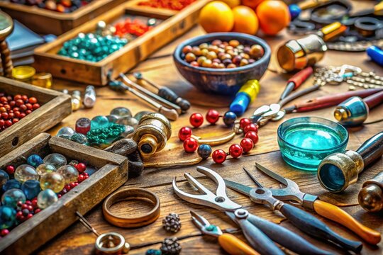 Close-up of Jeweler's Tools on Workshop Bench - Detailed Stock Photo
