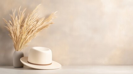 Aesthetic Boho Still Life: Pampas Grass, Fedora Hat, and Modern Vase on Beige Background