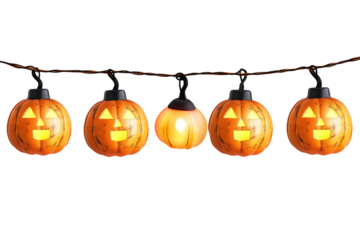Halloween lantern string lights, each with an orange pumpkin on Png Format and Transparent Background
