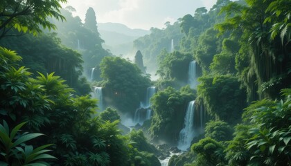 Lush Jungle Valley with Cascading Waterfalls and Misty Peaks