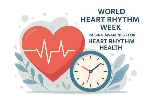 Illustration for World Heart Rhythm Week from June 2 to 8, 2025, depicting a heart with an electrocardiogram line, emphasizing the importance of heart rhythm awareness. - Powered by Adobe