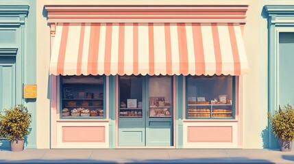 A pastel-colored digital illustration of a bakery storefront with a striped awning.