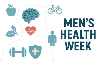 Illustration for Men's Health Week from June 9 to 15, 2025, featuring a male figure with health icons, promoting awareness of men's health issues.