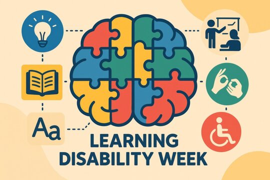 illustration for Learning Disability Week showing a brain made of colorful puzzle pieces and inclusive educational icons, raising awareness for learning disabilities and inclusive education