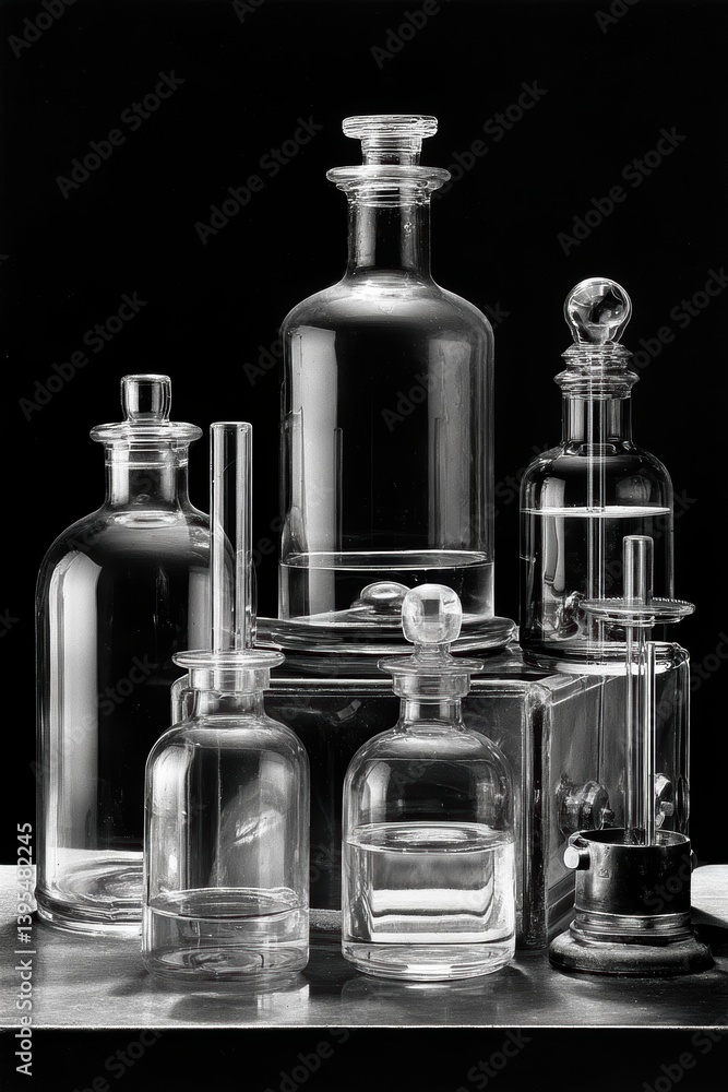 Poster several meticulously arranged flasks, funnels, and condensers display readiness for a complex experi