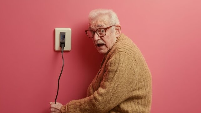 An older man with glasses looking surprised near an outlet