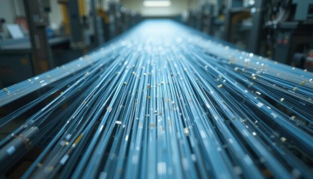 Textile Mill: Warp Yarns Converging into Loom, Abstract View, Blue Tones.