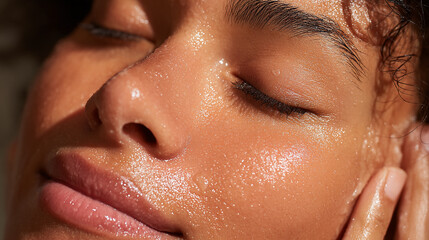 Fototapeta premium Close-up of dewy skin texture, showing glistening moisture, representing health, hydration, and skincare, ideal for beauty or wellness concepts