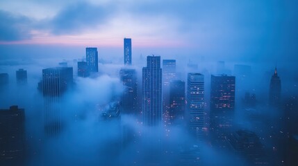 Fototapeta premium urban dreamscape a cityscape enshrouded in ethereal fog with towering skyscrapers piercing through the hazy atmosphere at twilight hours