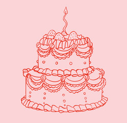 Birthday wedding cake with candle. Whimsical hand drawn Sketch.