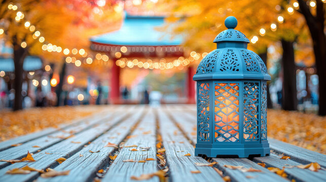 A teal metal lantern with intricate detailing sits on a wooden boardwalk amidst a breathtaking autumnal park scene illuminated by warm st lights.