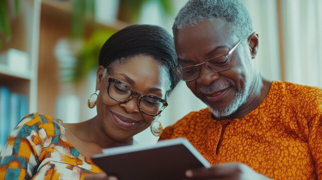 An older african couple sharing a tablet computer together closely