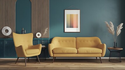 Vibrant yellow sofa and chair near teal wall with poster frame. Scandinavian interior design of modern living room..