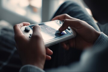 A close-up shot captures a person actively engaged in handheld gaming, focusing on a sleek gaming console with a screen on the left and control buttons on the right. The person's hands are firmly gri