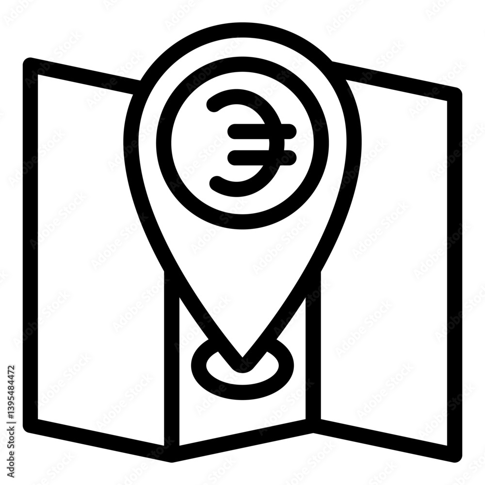 Poster currency location pinpoint line icon, banking concept. vector graphics. map with coin exchange locat