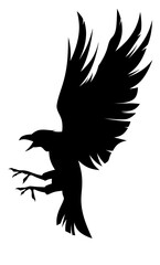 Silhouette of a raven attacking. Black crow bird with large wings catches prey. Raven logo