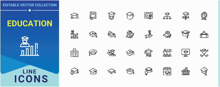 Education icon. Contains outline symbols like student, learning, learn, graduation, university, school, study and more. Academy icon set. Thin UI icons. Editable vector. Pixel perfect.