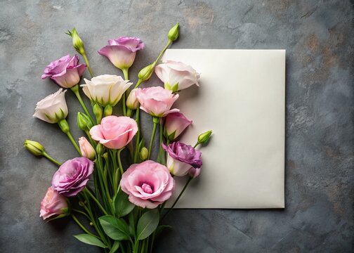 Elegant Eustoma Flowers & Blank Paper:  Holiday Greeting Card Design, Overhead View