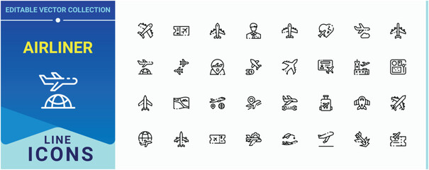 Airliner icon pack. Contain linear sign flight, plane, aviation, landing, air and more. Airplane linear icon collection. Line symbol and sign. Pixel perfect. Editable vector.