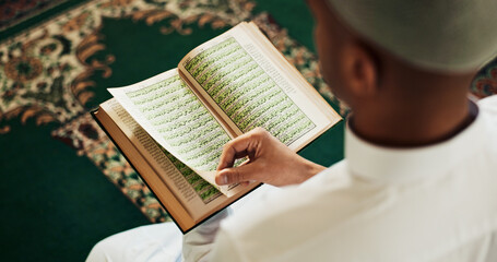 Islamic, man and Quran in temple for reading, studying and mindfulness with worship to praise...
