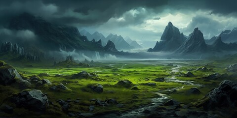 Dark Alpine Landscape with Green Meadow and Rainfall