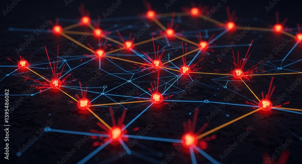 Poster cyber attack spreading through network nodes representing data breach and system vulnerability, illu