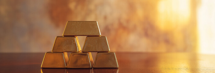 Creative abstract painting of stacked gold bars on a conference table, symbolizing investment and economic growth