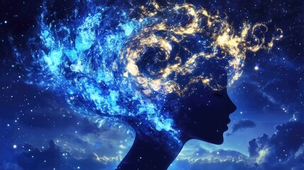 Obraz premium A silhouette of a woman's head with a celestial, fiery halo. 