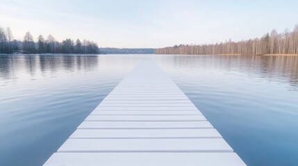Fototapeta premium White Wooden Dock Lake Shore Minimalist Style High-Resolution, Calm Water, Peaceful Contemplation, Tranquil Winter Landscape, Cool Serene Hues, Perfect for Travel Brochures