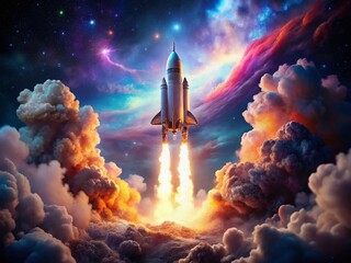 Fototapeta premium Futuristic Rocket Launch: Double Exposure Space Exploration Stock Photo