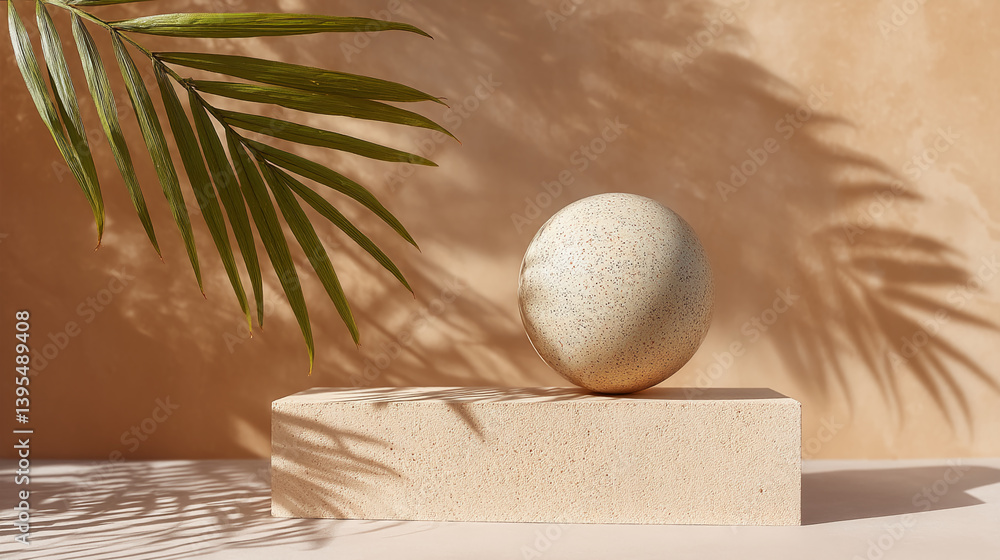 Poster beige speckled egg rests on a beige textured block, beside a palm leaf casting shadows on a beige ba
